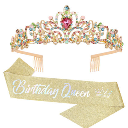 Picture of COCIDE "Birthday Queen" Sash and Crystal Tiara Set Tiara and Crowns for Women Birthday Gift for Girl Kit Decorations Set Rhinestone Hair Accessories Glitter Stain Silk Sash for Party