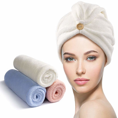 Picture of YFONG 3 Pack Microfiber Hair Towel Wrap for Women, Rapid Drying Towels for Hair with Button,Super Absorbent Hair Turbans for Wet Hair Long Thick Curly Hair