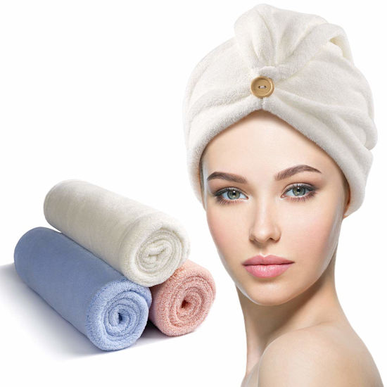 Picture of YFONG 3 Pack Microfiber Hair Towel Wrap for Women, Rapid Drying Towels for Hair with Button,Super Absorbent Hair Turbans for Wet Hair Long Thick Curly Hair