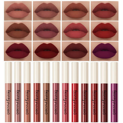 Picture of QiBest 12Pcs Matte Liquid Lipstick Set for Girls & Women, 24 Hours Long Lasting Waterproof Nude & Dark Red Lip Gloss Makeup Gift Kits, Velvet Non-Stick Cup Mate Duracion 24 Horas Originales Lip Stains