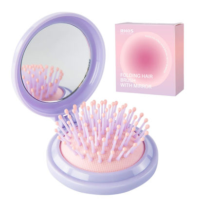 Picture of RHOS Hair Brush with Mirror for Women, Girls - Compact Folding Brush with Soft Nylon Bristles and Mirror - Portable Hair Brush for Travel (Purple)