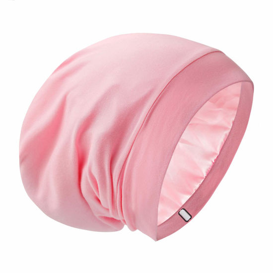 Picture of Silk Satin Lined Bonnet Sleep Cap - Adjustable Stay on All Night Hair Wrap Cover Slouchy Beanie for Curly Hair Protection for Women and Men - Solid Pink