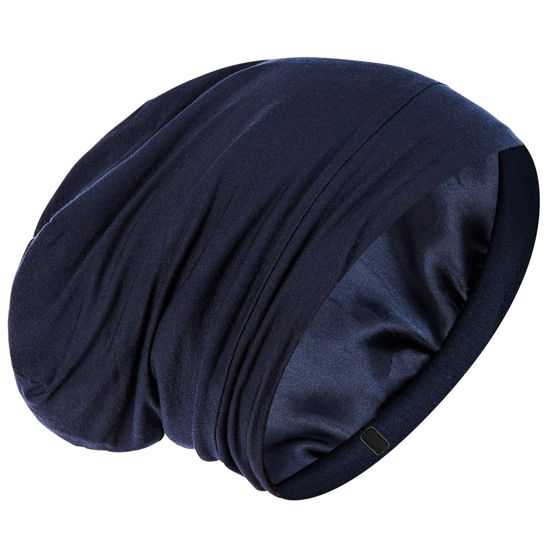 Picture of Silk Satin Lined Bonnet Sleep Cap - Adjustable Stay on All Night Hair Wrap Cover Slouchy Beanie for Curly Hair Protection for Women and Men - Solid Navy