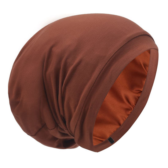 Picture of Silk Satin Lined Bonnet Sleep Cap - Adjustable Stay on All Night Hair Wrap Cover Slouchy Beanie for Curly Hair Protection for Women and Men - Solid Caramel