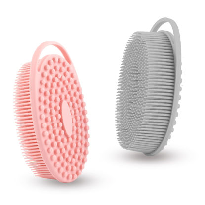 Picture of Silicone Body Scrubber, Exfoliating Silicone Loofah, Soft Silicone Body Shower, 2 in 1 Bath and Shampoo Brush, Body Scrubber Shower Cleaning for Sensitive Skin, Lather Well 2 PCS Grey and Pink