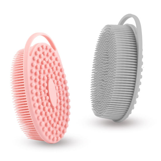 Picture of Silicone Body Scrubber, Exfoliating Silicone Loofah, Soft Silicone Body Shower, 2 in 1 Bath and Shampoo Brush, Body Scrubber Shower Cleaning for Sensitive Skin, Lather Well 2 PCS Grey and Pink