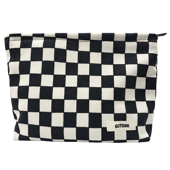 Picture of GUTGNK Women's Cosmetic Bag, Corduroy Checkerboard Travel Cosmetic Bag Small Cosmetic Bag Skin Care Cosmetic Changing Handy Bag Zipper Organizer