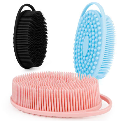 Picture of 3 PCS Soft Silicone Body Scrubber,Silicone Body Shower,Silicone Loofah 2 in 4 Bath and Shampoo Brush, Body Scrubber Shower Cleaning Exfoliating Use,Lather Well, Black,Pink,Blue