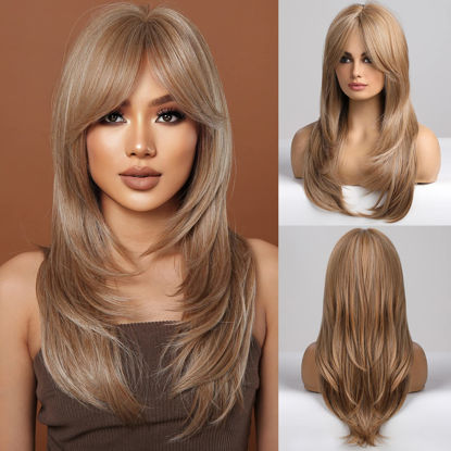 Picture of HAIRCUBE Blonde Wigs for Women,Long Layered Wigs with Bangs Heat Resistant Synthetic Fibre Wigs(pelucas de cabello natural)
