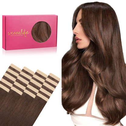 Picture of WENNALIFE Tape in Hair Extensions Human Hair, 20pcs 50g 18 inch Chocolate Brown Remy Hair Extensions Straight Human Hair Tape in Extensions Skin Weft Tape Extensions Human Hair