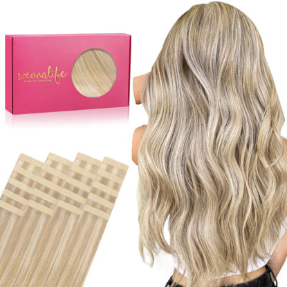 Picture of WENNALIFE Tape in Hair Extensions Human Hair, 20pcs 50g 20 inch Dirty Blonde Highlighted Bleach Blonde Remy Hair Extensions Straight Human Hair Tape in Extensions Skin Weft Tape Extensions Human Hair