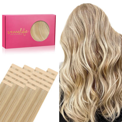 Picture of WENNALIFE Tape in Hair Extensions Human Hair, 20pcs 50g 22 inch Light Blonde Highlighted Golden Blonde Remy Hair Extensions Straight Human Hair Tape in Extensions Skin Weft Tape Extensions Human Hair