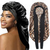 Picture of 2Pcs Bonnets for Black Women Braid Bonnet, Large Long Satin Bonnet for Braids, Silk Bonnet with Stretchy Tie Band Sleep Cap Hair (2Pcs-Black&Leopard)