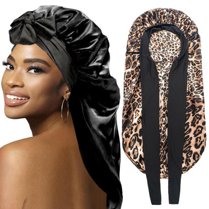 Picture of 2Pcs Bonnets for Black Women Braid Bonnet, Large Long Satin Bonnet for Braids, Silk Bonnet with Stretchy Tie Band Sleep Cap Hair (2Pcs-Black&Leopard)
