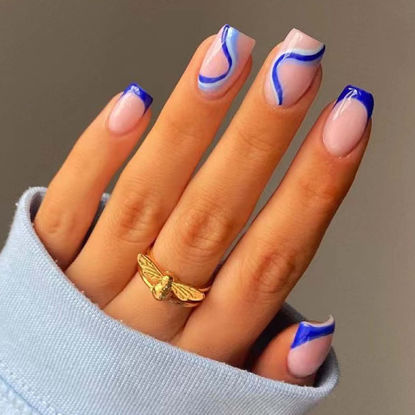 Picture of DANMANR Square Press on Nails Short Fake Nails French Acrylic Full Cover False Nails for Women and Girls 24PCS (Blue)