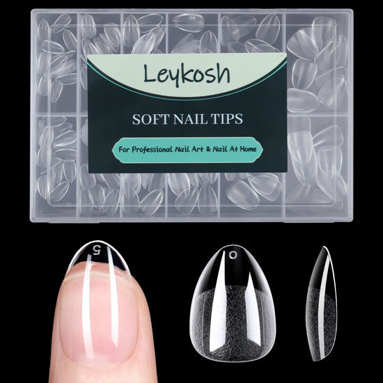 Picture of Extra Short Almond Nail Tips, 216pcs Acrylic Fake Nails Soft Gel X Nail Tips, Full Cover Pre-Shaped Matte Clear Press on Nails for Extension, Diy at Home Manicure 12 Sizes