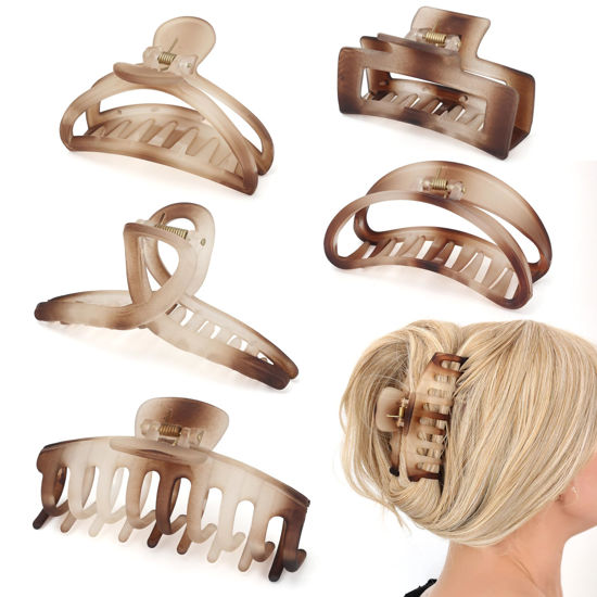 Picture of 5PCS Claw Hair Clips for Women - Matte Amber Brown Non-Slip Medium Large Clamps for Thin Thick Hair, Multi-Style Fashion Accessories