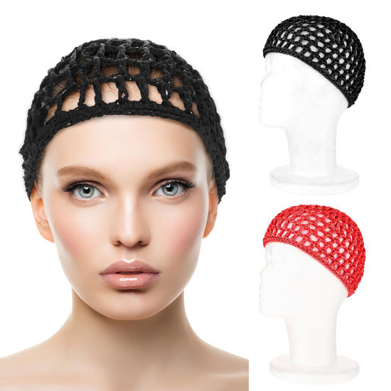 Picture of Hair Net Wrap 2 PCS Elastic Sleep Nets Hairnet Knit Sleeping Cover Breathable Crochet Head Cap Stretchy Mesh Bandana Anti Frizz Shower Bathing Hats Press Absorption Curly Straight Hair(Red/Black)
