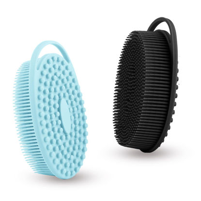Picture of Silicone Body Scrubber, Exfoliating Silicone Body Shower, Silicone Loofah 2 in 1 Bath and Shampoo Brush, Body Scrubber Shower Cleaning Exfoliating for Sensitive Skin, Lather Well 2 PCS Black and Blue