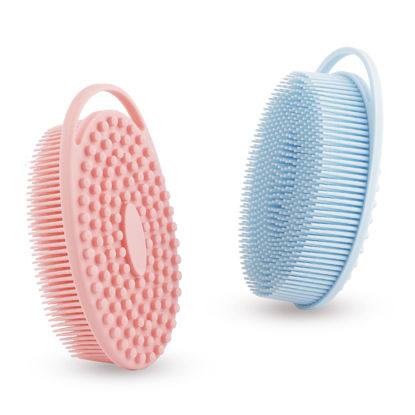 Picture of Soft Silicone Body Scrubber 2 PCS Silicone Body Shower, Silicone Loofah 2 in 1 Bath and Shampoo Brush, Body Scrubber Shower Cleaning Exfoliating Use for Sensitive Skin, Lather Well(Pink and Blue)