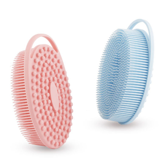 Picture of Soft Silicone Body Scrubber 2 PCS Silicone Body Shower, Silicone Loofah 2 in 1 Bath and Shampoo Brush, Body Scrubber Shower Cleaning Exfoliating Use for Sensitive Skin, Lather Well(Pink and Blue)