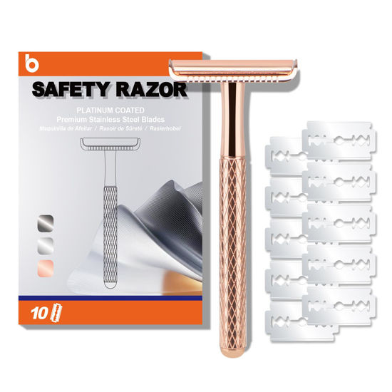 Picture of Single Blade Razors for Men and Women, Reusable Double Edge Safety Razor, Metal Razors for Women, Face Razors for Men Shaving, with 10 Safety Razor Blade Refills, No Plastic, (Shiny Rose Gold)