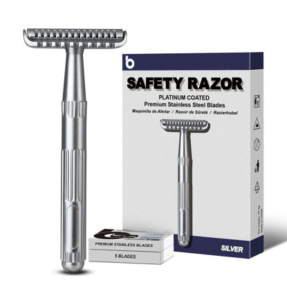 Picture of Matte Silver Safety Razor for Men and Women, Single Blade Razors for Men, Metal Razors for Women, with 10 Double Edge Safety Razor Blades, Open Comb Razor Head for Long Thick Body Hair, Zero Waste