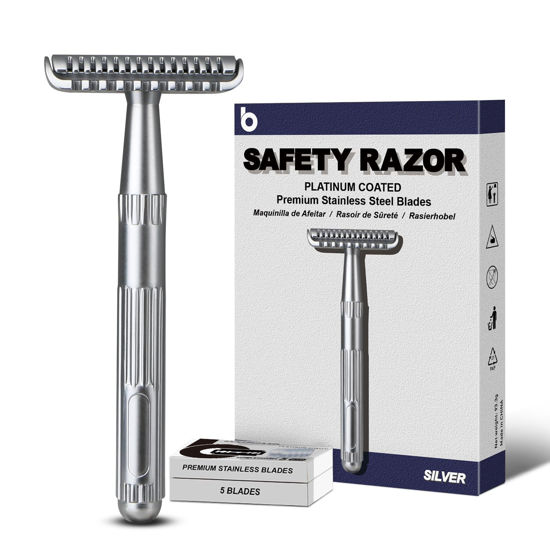 Picture of Matte Silver Safety Razor for Men and Women, Single Blade Razors for Men, Metal Razors for Women, with 10 Double Edge Safety Razor Blades, Open Comb Razor Head for Long Thick Body Hair, Zero Waste