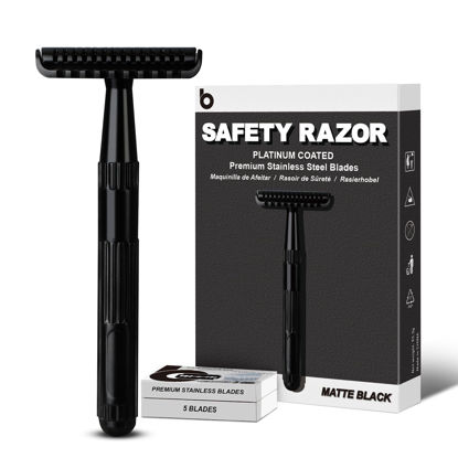 Picture of Matte Black Safety Razor for Men and Women, Single Blade Razors for Men, Metal Razors for Women, with 10 Double Edge Safety Razor Blades, Open Comb Razor Head for Long Thick Body Hair, Zero Waste