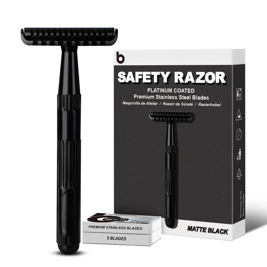 Picture of Matte Black Safety Razor for Men and Women, Single Blade Razors for Men, Metal Razors for Women, with 10 Double Edge Safety Razor Blades, Open Comb Razor Head for Long Thick Body Hair, Zero Waste