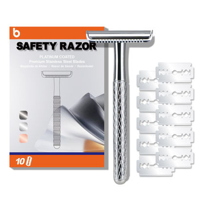 Picture of Single Blade Razors for Men and Women, Reusable Double Edge Safety Razor, Metal Razors for Women, Face Razors for Men Shaving, with 10 Safety Razor Blade Refills, No Plastic, (Shiny Silver)