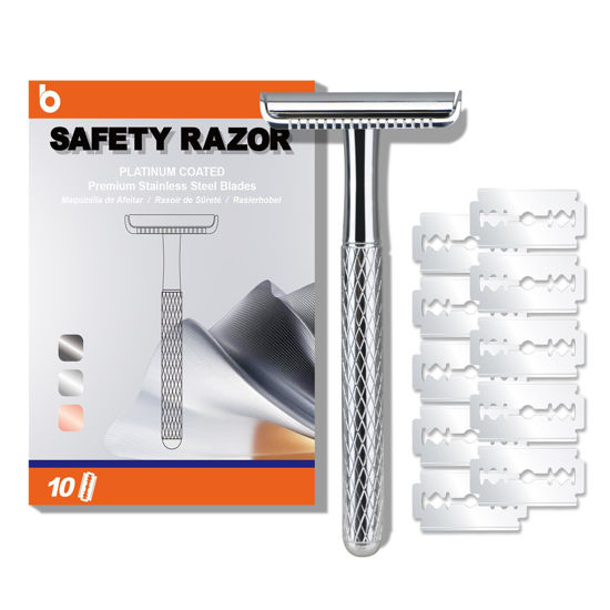 Picture of Single Blade Razors for Men and Women, Reusable Double Edge Safety Razor, Metal Razors for Women, Face Razors for Men Shaving, with 10 Safety Razor Blade Refills, No Plastic, (Shiny Silver)