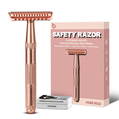 Picture of Rose Gold Safety Razor for Women and Men, Single Blade Razors for Men, Metal Razors for Women, with 10 Double Edge Safety Razor Blades, Open Comb Razor Head for Long Thick Body Hair, Zero Waste