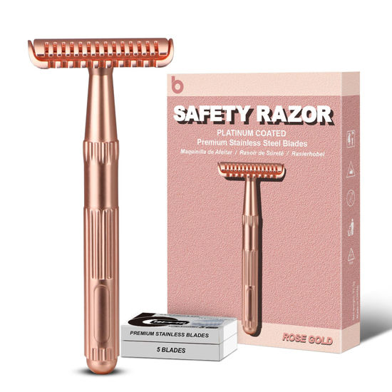 Picture of Rose Gold Safety Razor for Women and Men, Single Blade Razors for Men, Metal Razors for Women, with 10 Double Edge Safety Razor Blades, Open Comb Razor Head for Long Thick Body Hair, Zero Waste