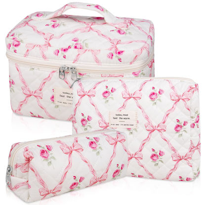 Picture of 3PC Makeup Bag Set, Quilted Makeup Bag, Large Floral Cosmetic Bag for Women, Cute Cotton Makeup Bags, Flower Travel Toiletry Organizer Bag (Pink Flower)