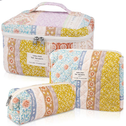 Picture of Makeup Bag Set, Quilted Makeup Bag, Large Floral Cosmetic Bag for Women, Cute Cotton Makeup Bag, Flower Travel Toiletry Organizer Bag(Color-Coded Floral)