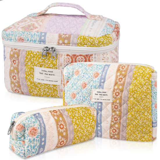 Picture of Makeup Bag Set, Quilted Makeup Bag, Large Floral Cosmetic Bag for Women, Cute Cotton Makeup Bag, Flower Travel Toiletry Organizer Bag(Color-Coded Floral)
