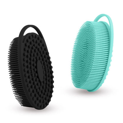 Picture of Soft Silicone Body Scrubber 2 PCS Silicone Body Shower, Silicone Loofah 2 in 1 Bath and Shampoo Brush, Body Scrubber Shower Cleaning Exfoliating Use for Sensitive Skin, Lather Well(Black and Green)