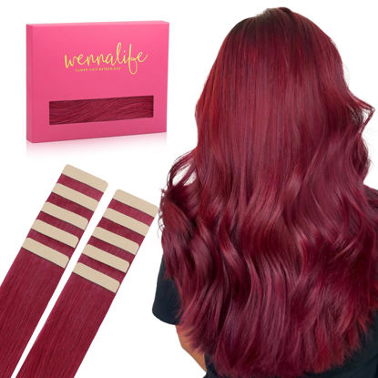 Picture of WENNALIFE Tape in Hair Extensions Human Hair Burgundy Red Tape in Extensions, 10pcs 30g 24 inch Remy Invisible Tape Ins Straight Colored Soft Real Human Hair Tape in Extensions Refill Set Extensions