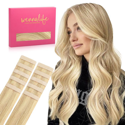 Picture of WENNALIFE Tape in Hair Extensions Human Hair Light Blonde Highlighted Golden Blonde Tape in Extensions, 10pcs 30g 20 inch Remy Invisible Tape Ins Straight Soft Real Human Hair Tape in Extensions