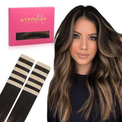Picture of WENNALIFE Tape in Hair Extensions Human Hair Balayage Natural Black to Chestnut Brown Tape in Extensions, 10pcs 30g 26 inch Remy Invisible Tape Ins Straight Soft Real Human Hair Tape in Extensions