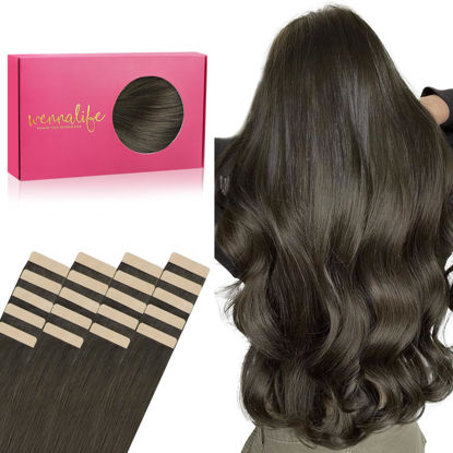 Picture of WENNALIFE Tape in Hair Extensions Human Hair, 20pcs 50g 22 inch Cool Dark Brown Remy Hair Extensions Straight Human Hair Tape in Extensions Skin Weft Tape Extensions Human Hair