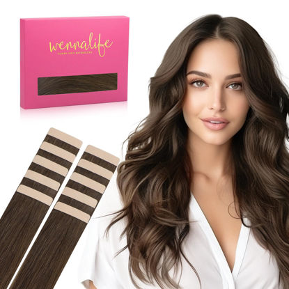 Picture of WENNALIFE Tape in Hair Extensions Human Hair Chocolate Brown Tape in Extensions, 10pcs 30g 24 inch Remy Invisible Tape Ins Straight Soft Real Human Hair Tape in Extensions Refill Set Extensions