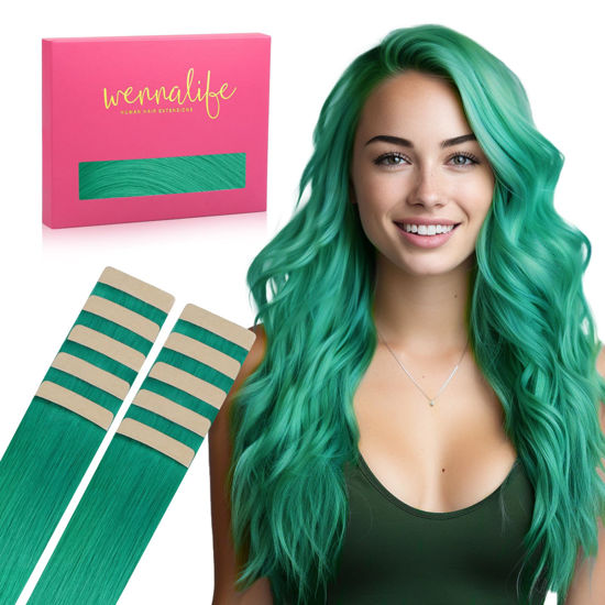 Picture of WENNALIFE Tape in Hair Extensions Human Hair Green Tape in Extensions, 10pcs 30g 22 inch Remy Invisible Tape Ins Straight Colored Soft Real Human Hair Tape in Extensions Refill Set Extensions