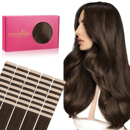 Picture of WENNALIFE Tape in Hair Extensions Human Hair, 40pcs 100g 14 inch Chocolate Brown Hair Extensions Real Human Hair Straight Tape in Extensions Invisible Human Hair Extensions Reusable Hair Extensions