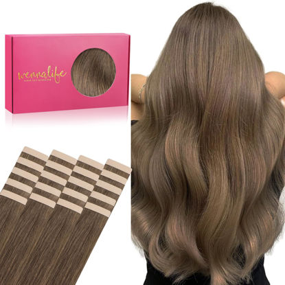 Picture of WENNALIFE Tape in Hair Extensions Human Hair, 20pcs 50g 14 inch Light Ash Brown Remy Hair Extensions Straight Human Hair Tape in Extensions Skin Weft Tape Extensions Human Hair