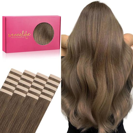 Picture of WENNALIFE Tape in Hair Extensions Human Hair, 20pcs 50g 24 inch Light Ash Brown Remy Hair Extensions Straight Human Hair Tape in Extensions Skin Weft Tape Extensions Human Hair