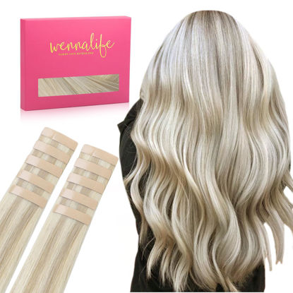 Picture of WENNALIFE Tape in Hair Extensions Human Hair Ash Blonde Highlighted Platinum Blonde Tape in Extensions, 10pcs 30g 22 inch Remy Invisible Tape Ins Straight Soft Real Human Hair Tape in Extensions