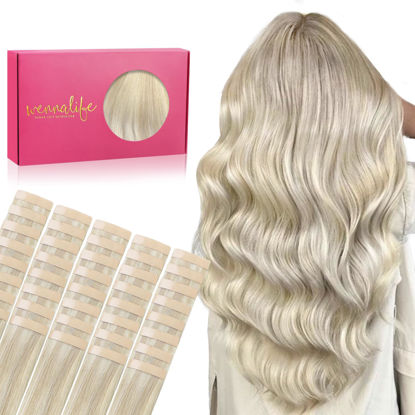 Picture of WENNALIFE Tape in Hair Extensions Human Hair, 40pcs 80g 12 inch Ash Blonde Highlighted Platinum Blonde Hair Extensions Real Human Hair Straight Tape in Extensions Invisible Human Hair Extensions