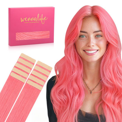 Picture of WENNALIFE Tape in Hair Extensions Human Hair Light Pink Tape in Extensions, 10pcs 30g 24 inch Remy Invisible Tape Ins Straight Colored Soft Real Human Hair Tape in Extensions Refill Set Extensions